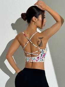 Sovereign Charm 女士花卉印花运动胸罩，带肩带交叉背部设计 - 彩色 - 查看 3