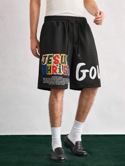 Open Phase 男士纯色字母印花抽绳腰带口袋宽松休闲运动短裤，春夏复古美式风格，男女皆宜的夏季上衣，适合日常穿着，宽松版型，夏季度假装扮