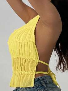 Aloruh Women's Solid Color Halter Neck Spaghetti Strap Ruffle Hem Camisole - Yellow - View 6