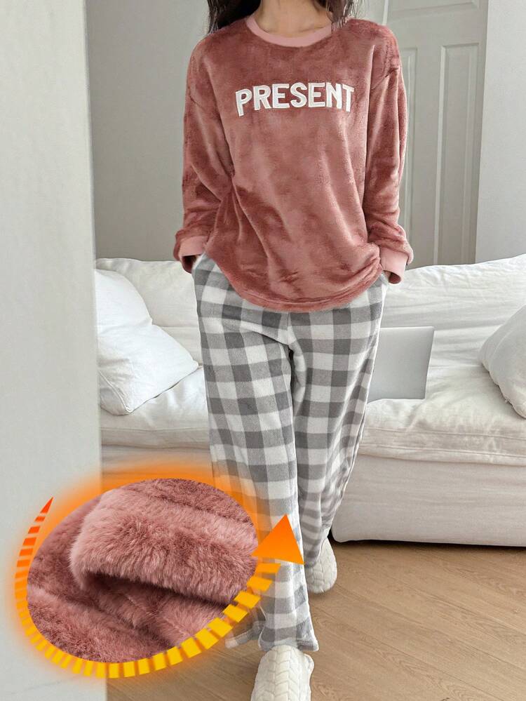 Women's Winter Fleece Letter Embroidery Top And Plaid Pajama Pants Sleepwear Set