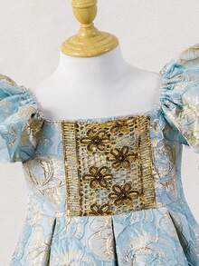 Sparklyn Vestido com Mangas Curtas de Jacquard Luxuoso, Régio e Elegante para Meninas Jovens, com Acabamento Dourado Bordado, Adequado para Uso Externo, Reuniões em Casa e Mais - Azul - Visão 8