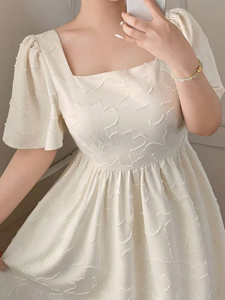 Dazy Plus Textured Fabric Square Neck Elegant Waist Cinched Long Sleeve Plus Size Women Apricot Dress Sundress