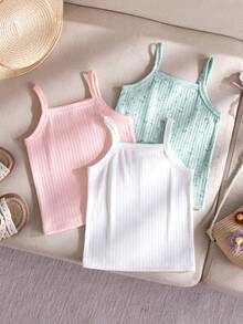 SHEIN Playful Pals 3件裝女嬰提花面料吊帶背心可愛夏季鼠尾草綠花朵女孩度假假日上衣無袖馬卡龍淡彩色外套 - 彩色 - 查看 8