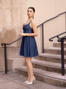 Andrea Bello Robe en jean pour femme, robe bleue décontractée à bretelles fines de style vintage - Jean brut - Voir 4