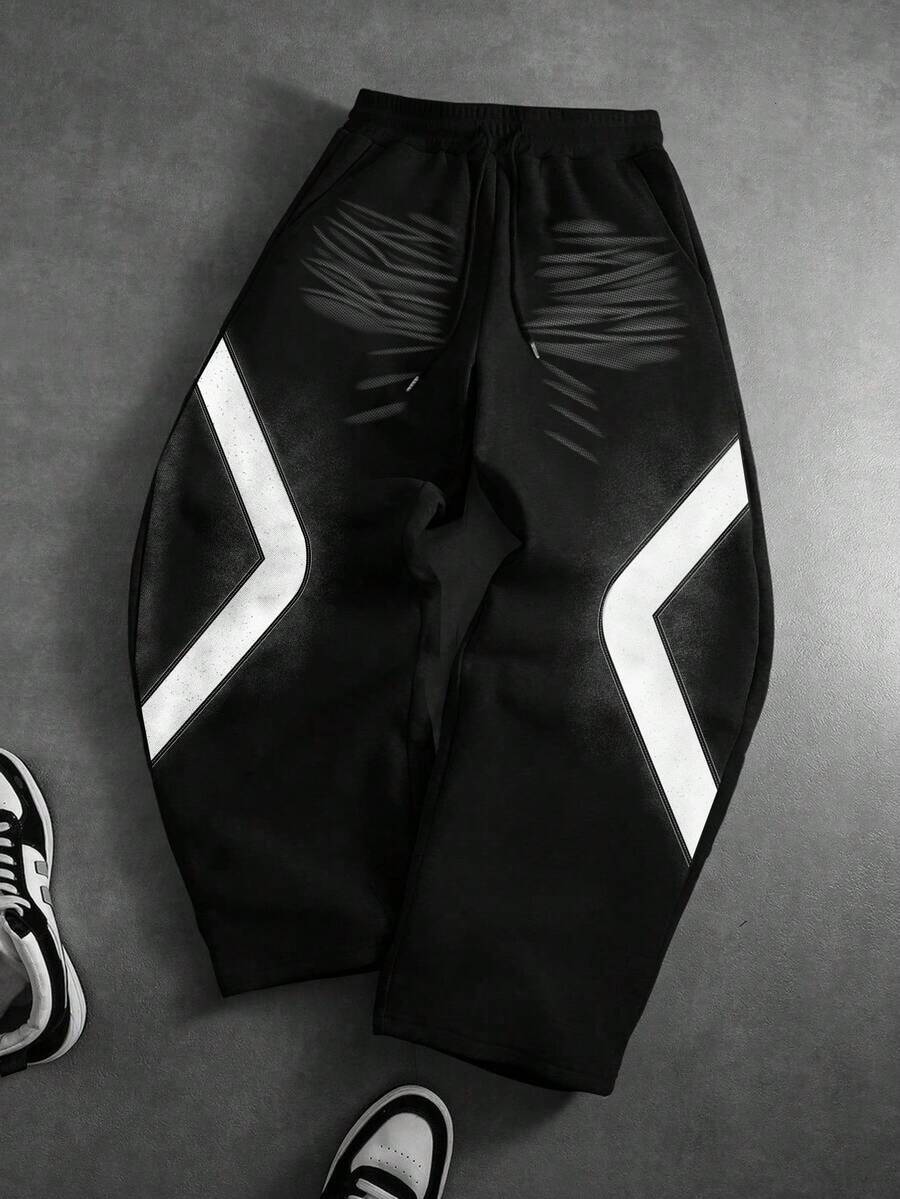 ROMWE MEN 男士休闲印花抽绳运动裤 - 黑色 - 查看 1