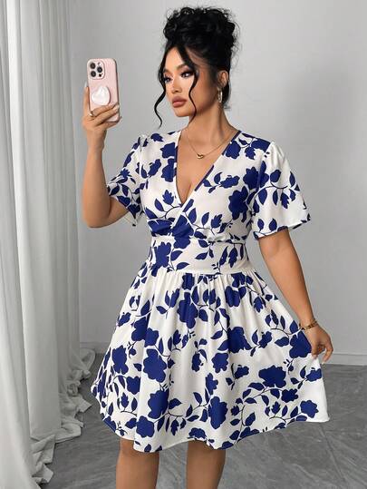 Elenzga Plus Size Women's Casual Floral Print Collared Dress, Early Spring