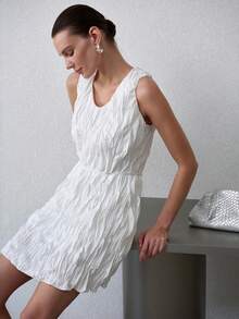 MOTF PREMIUM WOMEN'S RUCHED U-NECK SHORT DRESS WITH BEADED BELT, SPRING/SUMMER - White - View 2