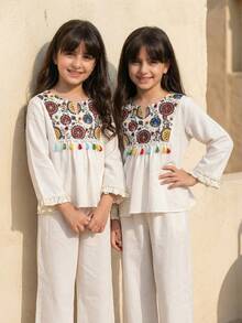 Tween Girl Loose Elegant Pattern Tassel Decor Shirt & Pants Set Tween Girl - Apricot - View 2