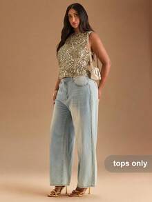 SHEIN BAE 女士性感镂空露背背心，纯色，时尚海滩度假，万圣节，亮片，派对，性感，优雅夏秋女装冬季返校女装音乐会女装返校节夜晚外出约会生日女装婚礼宾客女装西部万圣节服装圣诞节加大码亮片上衣 - 綠色 - 查看 5