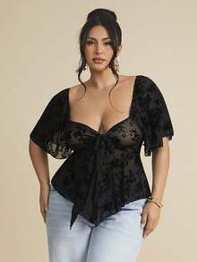 SHEIN BAE Áo cánh tay bèo ren cổ vuông phong cách Gothic cỡ lớn - màu đen - Xem 7