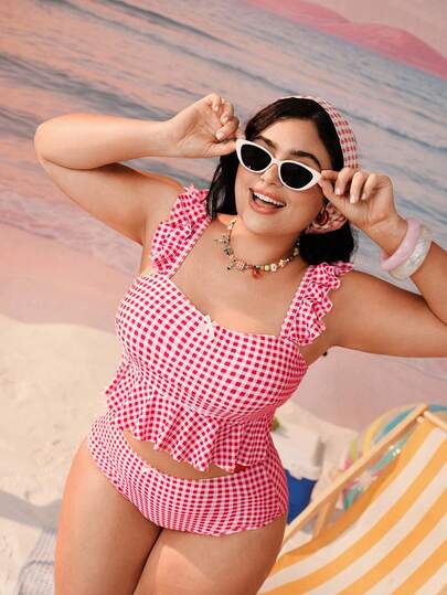 Swim Mod Plus Size Plaid Print Flounce Adjustable Strap Swimsuit Set, Vacation & Beach