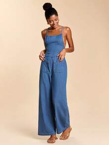 Travachic Women's Backless Tie Strap Pocket Wide Leg Fashionable Denim Jumpsuit - Medium Wash - View 4