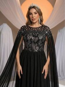 Aureia 大码优雅浪漫黑色圆领薄纱领口贴花水钻装饰超大喇叭下摆奢华串珠雪纺正式礼服，适合婚礼、派对、庆典、正式场合、晚宴（重工装饰设计） - 黑色 - 查看 3