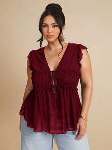 SHEIN BAE 1 buah Atasan Kasual Tanpa Lengan Linen Ukuran Besar untuk Wanita dengan Hiasan Kancing, Cocok untuk Brunch, Jalan-jalan, Kencan, Perjalanan, dan Berlayar - Burgundy - View 4