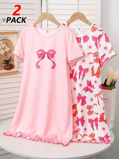 Genkimix Kids Tween Girls Pajamas- 2 Pack Bow Print Nightgowns Round Neck Short Sleeve Ruffle Hem Sleep Dresses Pink White Cute Pastel Loungewear Pajamas Nightwear All Season Holiday 2026 Gift Sleepover Comfy Lightweight Casual Home Party Essential Spring To Summer