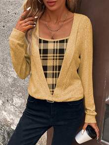 EMERY ROSE 女士格子拼接休闲套头卫衣，通勤和日常穿着皆宜，长袖 - 黃色 - 查看 3