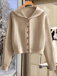 INAWLY Women's Casual Everyday Commute Simple Solid Color Ribbed Knit Turtleneck Button-Up Top And Wide Leg Pants 2-Piece Set, Autumn/Winter - Khaki - View 4