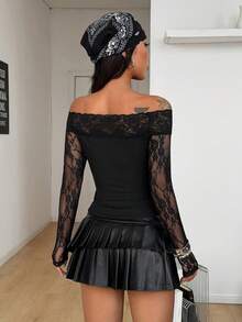 Coolane Women's Spring/Summer Witchy Sexy Goth Music Festival Chic Y2K Basic Elegant Lace Date Night Patchwork Off The Shoulder Black Long Sleeve Top - Black - View 7