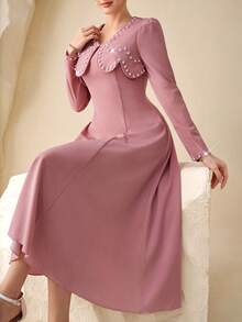 Modelyn Women's Spring/Summer Knitted Pink Long Sleeve Bubble Pearl 2 In 1 Cinched Waist A-Line Elegant DressElegant Pink Peter Pan Collar Pearl Detail A Line Midi Dress With Puff Long SleevesWomen's Sophisticated Dull Pink Pearl Embellished Peter Pan Collar Long Puff Sleeve A Line Midi Dress - Pink - View 7