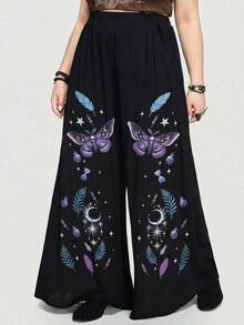 ROMWE Quần ống rộng dáng chữ A in họa tiết hoa Gothic dành cho nữ cỡ lớn, phong cách nghỉ dưỡng biển. - màu đen - Xem 1