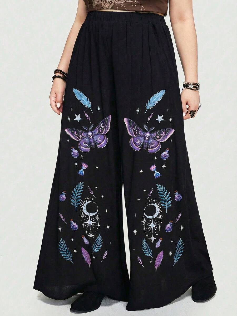 ROMWE Quần ống rộng dáng chữ A in họa tiết hoa Gothic dành cho nữ cỡ lớn, phong cách nghỉ dưỡng biển. - màu đen - Xem 1