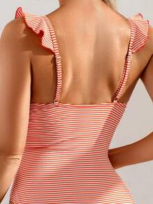 Swim Mod 女士浪漫度假红白条纹深V领荷叶边海星装饰连体泳衣及沙滩装 - 紅白色 - 查看 5