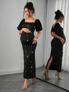 Momance Maternity Dress With Bubble Short Sleeves, Double Layer Design, Square Neck Collar, Fitted Waist, Slit Back, Beaded Front, Long Dress - Black - View 7