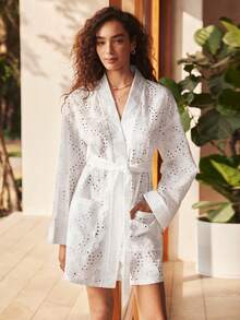 Lullawish Bohemian Woven Embroidered Hollow Pattern Women Sleepwear Womens Robe White Lace Robe Summer Robe Women - White - View 5