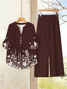 SHEIN LUNE 女款棕色花卉優雅兩件套 V領荷葉袖襯衫與寬腿長褲，休閒秋季早午餐夏季服飾嘉年華上衣與長褲套裝 - 酒紅色 - 查看 4