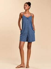 Travachic Women's Casual Loose Pocketed Wide Leg Denim Romper - Light Wash - View 2