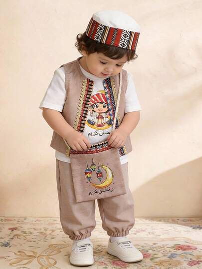 SHEIN 4-delars set innehåller: Axelremsväska, söt kakifärgad västjacka med färgblocksdetaljer, vit t-shirt, kakifärgade byxor med lykta och elastisk midja, lämplig för födelsedagsfest, rave, kvällsfest, framträdande, bröllop, babyshower, dop och 1-årsfirande.