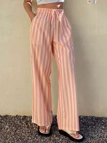 DAZY Women Striped Loose Waist Tie Pajama Pants - Pink - View 3