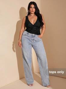 SHEIN BAE 大码女式优雅性感蕾丝边V领无袖背心，适合度假、约会、夜店、派对、泳池派对、海滩、休闲度假穿着，Y2K风格，假日 - 黑色 - 查看 3