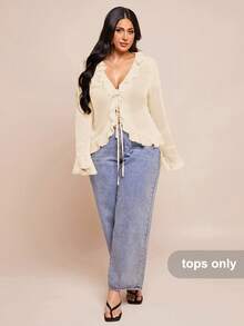 SHEIN BAE 大码女式早春度假派对优雅纯色透明荷叶边喇叭袖雪纺上衣，适合浪漫约会、闺蜜聚会、度假活动、优雅日常穿着