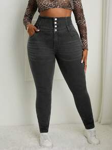Slaydiva Plus Size Casual Washed High Waist Slim Fit Jeans - Dark Grey - View 1