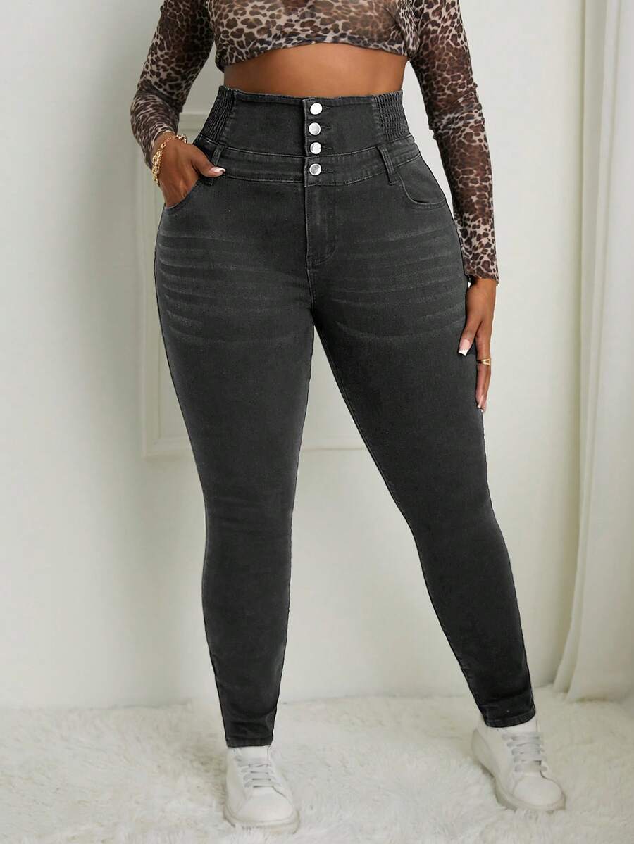 Slaydiva Plus Size Casual Washed High Waist Slim Fit Jeans - Dark Grey - View 1