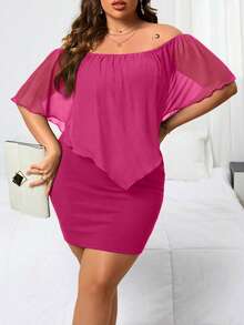 Reflora Plus Size Women's Fashionable Solid Color Off-Shoulder Short Dress - Hot Pink - View 4