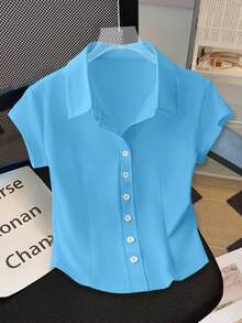 GlowEve Summer Casual Solid Color Button Front T-Shirt - Blue - View 3