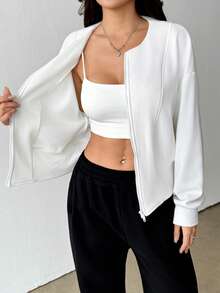 Zielony 女士休闲圆领双拉链前开襟卫衣 - 白色 - 查看 7