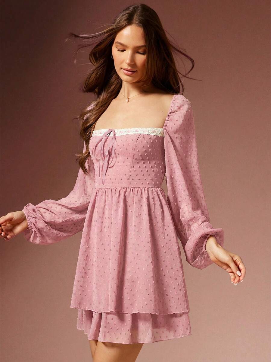 WESTFADE Đầm ngắn tay dài xếp tầng bồng bềnh bằng chiffon chấm bi, cổ vuông, thắt nơ phía trước, dáng xòe. Thích hợp cho mùa thu, đông, lễ hội, Giáng sinh, đêm giao thừa, thanh lịch, phong cách boho, thường ngày, dễ thương, trang phục phương Tây. - Hồng - Xem 1