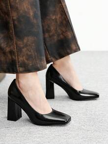 CUCCOO BIZCHIC Women's Square Toe Chunky Heel PU Leather Slip-On Shoes, Fashionable Minimalist Comfortable For Daily, Party, Banquet Valentine's Day - Black - View 4