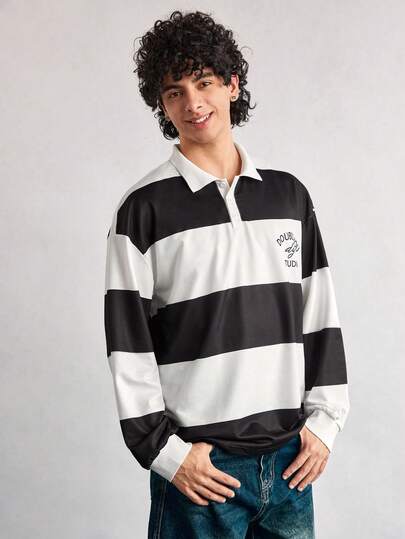 Open Phase Camisa polo de hombre con botones y media cartera, con rayas de contraste, en estilo casual y de moda. Rayas clásicas en negro y blanco, adecuada para uso diario, streetwear y diversos estilos.