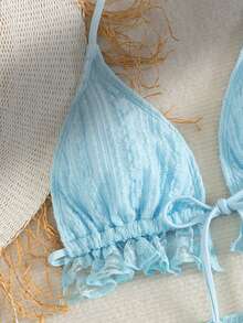 Swim Mod 3件套女士纯色性感荷叶边挂脖系带三角比基尼套装 - 薄荷藍 - 查看 6