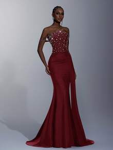 Elitara Elegante y lujoso vestido de gala de sirena con detalles de pedrería 3D, cintura fruncida, paneles transparentes y falda con volantes en cascada, adecuado para ocasiones formales, bodas y fiestas - Burdeos - View 7