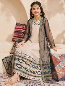 Tween Girl Beige Autumn Family Matching Jacquard Striped Ribbon Splice Mesh Jacket And Loose Fit Retro Print Maxi Dress Set,Arabic Abaya Dress Girls - Beige - View 7