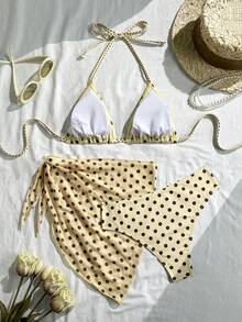 Swim Mod Women's  Summer Polka Dot Print Halter Tie Back Sexy Bikini 3-Piece Set, Beach Vacation,Beach Outfit,Spring Break Outfits,Carnival Women Look 2026,Beach Outfit For Women,Elegant, Vacation,Casual Bikini Skirt Set Skirt Swimsuit Set Polka Dot Bikini Polka Dot Bathing Suit Bikini With Cover Up - Multicolor - View 2