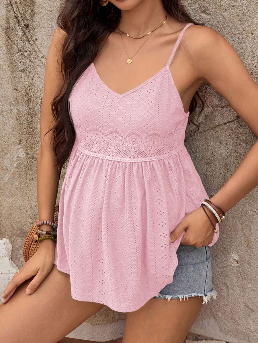 SHEIN Áo hai dây bầu màu trơn thêu họa tiết, kiểu dáng thoải mái, thường ngày. - Hồng - Xem 1