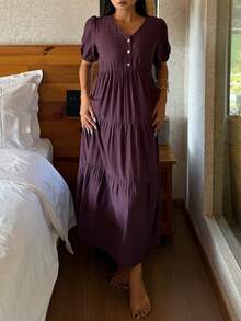 DAZY 女士半拉链泡泡袖长款连衣裙家居服 - 紫色 - 查看 5