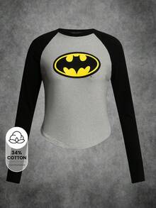 BATMAN X SHEIN 女士休闲日常通勤时尚街头蝙蝠标志图案撞色长袖T恤，春秋季 - 灰色 - 查看 3