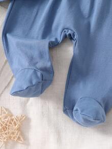 Newborn Baby Gray & Blue Solid Bear Pattern Top, Footed Pants, Hat & Mittens Set - Dusty Blue - View 4